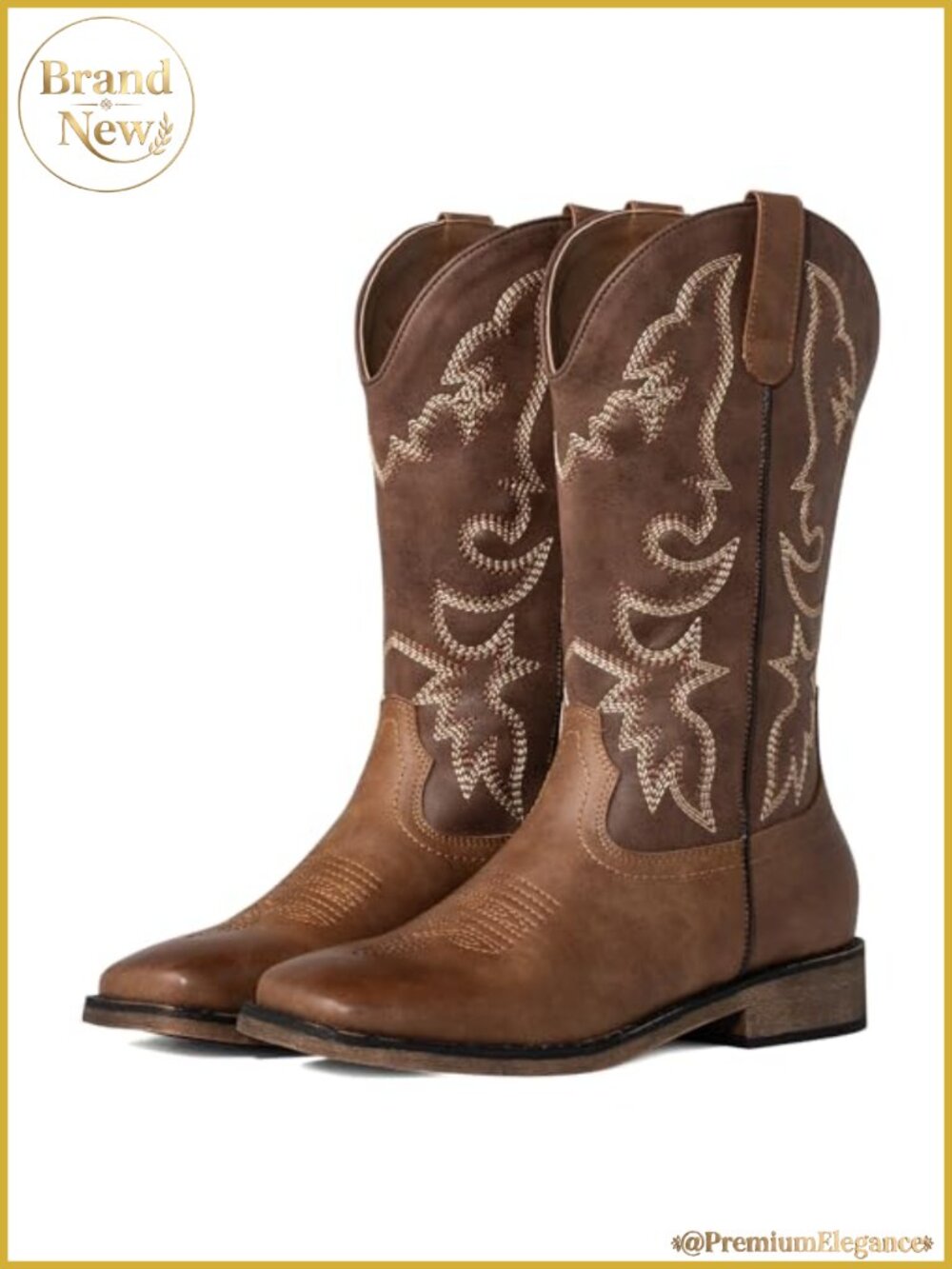 Women's Mid Calf Cowboy Boots Embroidered Square Toe PU Leather Western Boots